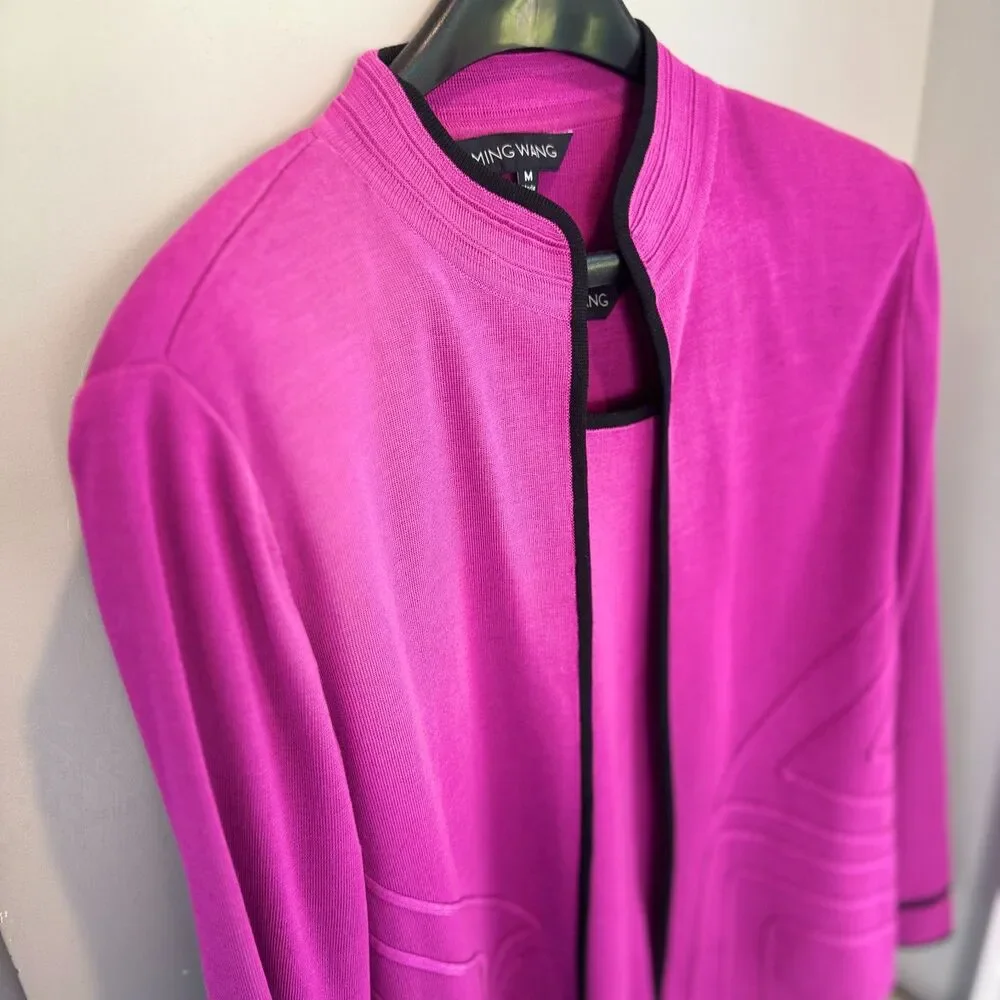 Ming Wang Women's M Fuchsia Textured Twin Set Black Trim Cardigan Shell